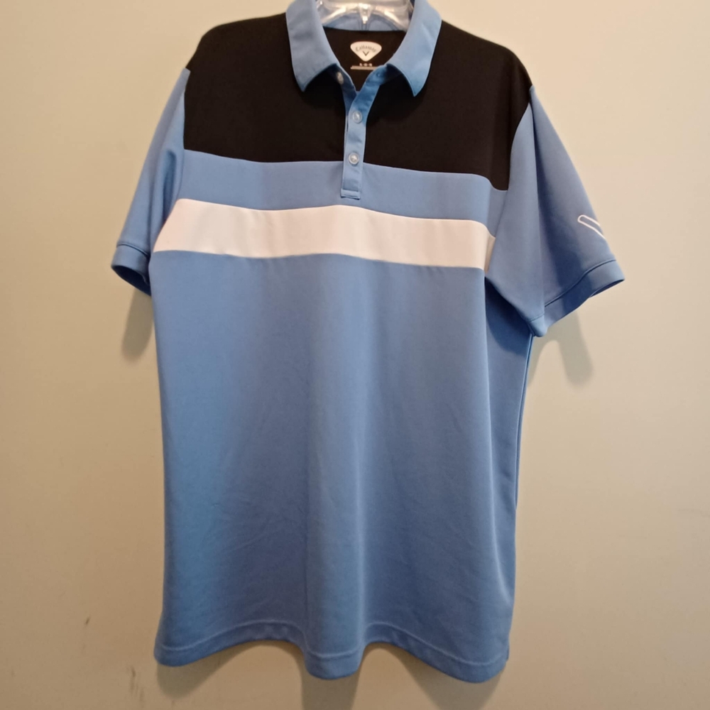 Men’s Callaway XL Golf‎ Polo Shirt Navy W/White, Light Blue Stripes Performance